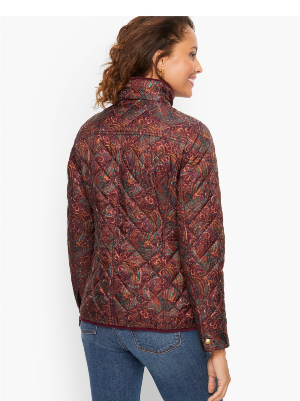 Talbots Quilted Paisley Puffer Jacket - Burgundy with Teal Accents - Picture 3 of 9